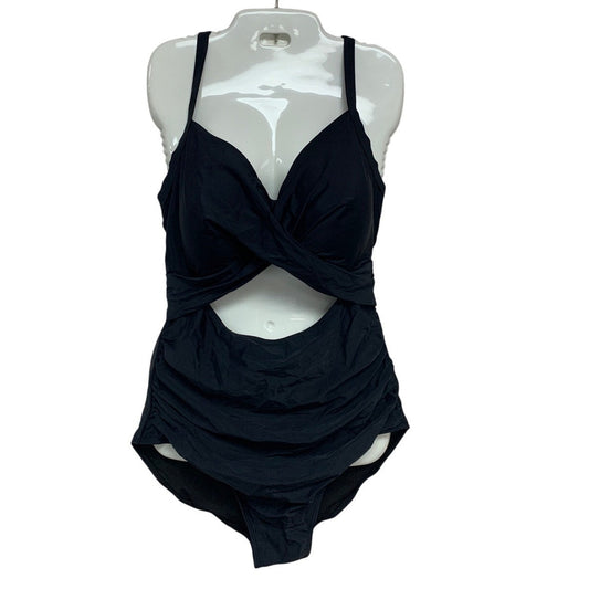 Womens Medium Black Keyhole Thin Strap Back Tie Padded One Piece Swimsuit