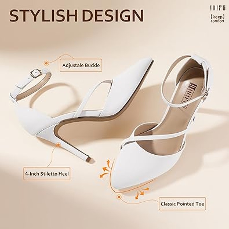 Idifu Womens 5.5 White 3.5" Stiletto Heel Pointed Closed Toe Ankle Strap Shoes
