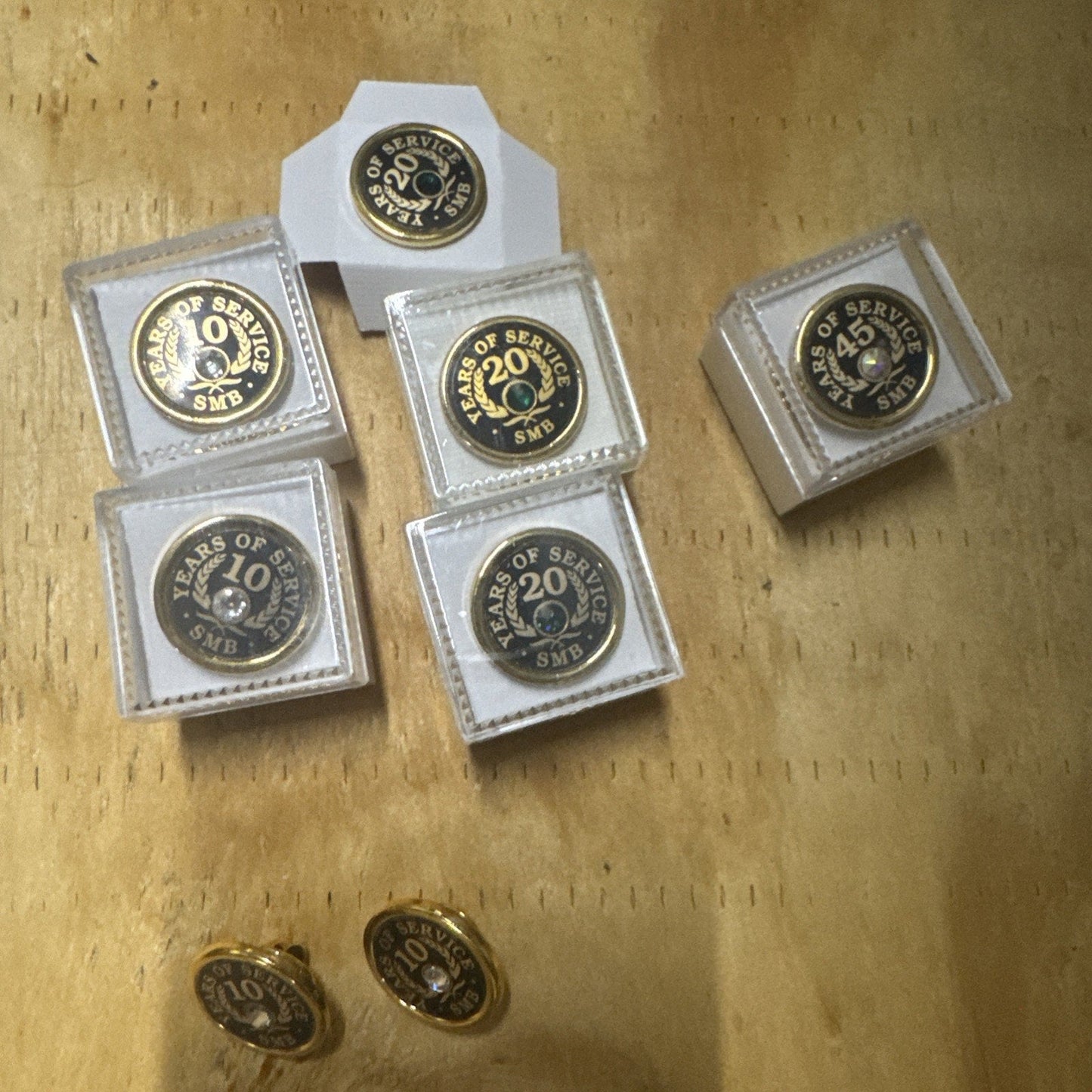 Set 8 of Years of Service Employee Award Pins 10 20 45 Year Gold Tone SMB