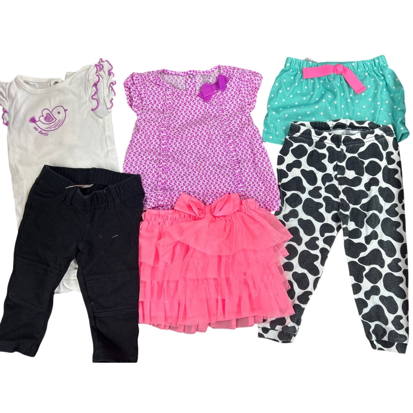 Lot of 6 Baby Girls 12 Months Bird One Piece Shirt Skirt Polka Dot Shorts Pants