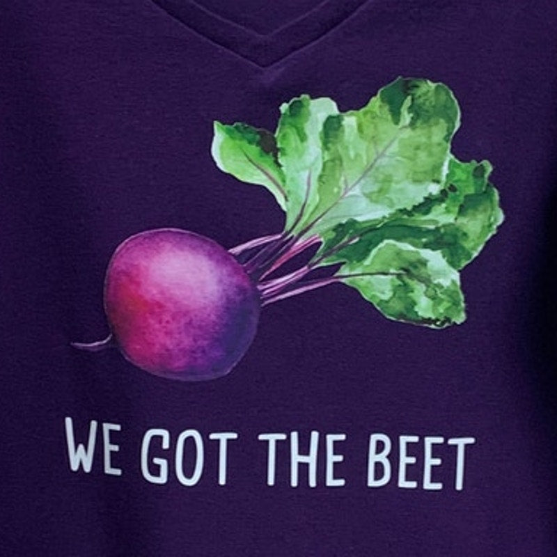 Upcycled Hand Printed Womens Large We Got The Beet Long Sleeve Tee Shirt