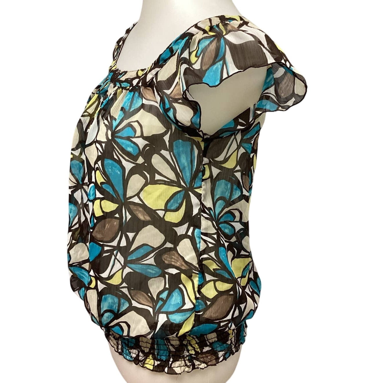 BCX Medium Sheer Gathered Waist Boatneck Ruffled Sleeve Geometric Floral Blouse