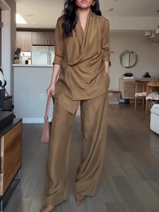 Wrap-Style Satin Blouse And Wide-Leg Pants Set