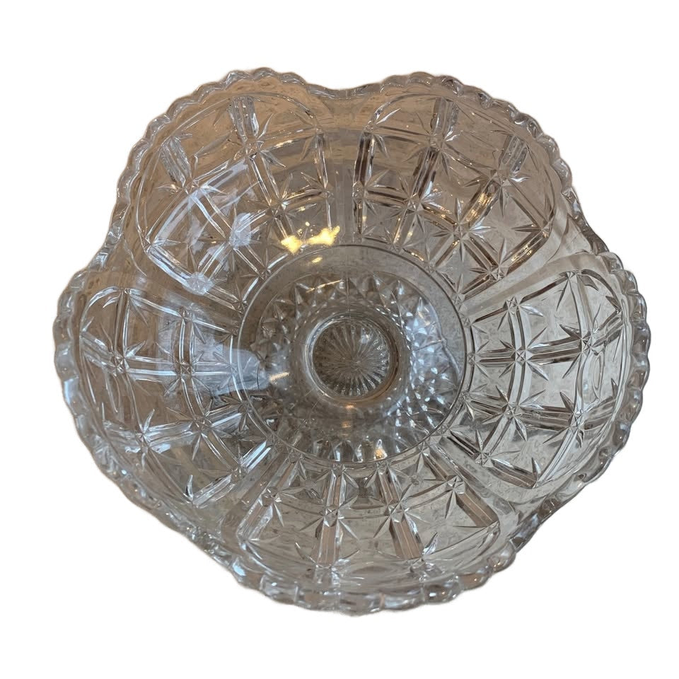 Vintage Cut Glass Flower Shaped Footed Candy Bowl Fancy Serving Dish