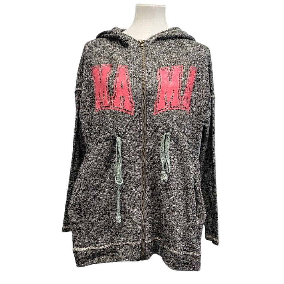 Hand Printed Upcycled Womens Small Mama Gathered Waist Full Zip Hoodie Jacket