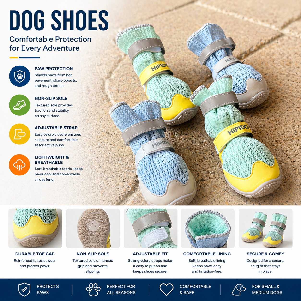 Breathable Dog Shoes with Anti-Slip Sole & Reflective Straps