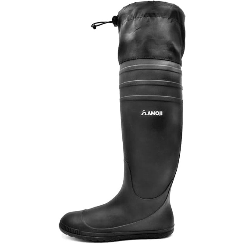 Amoji Mens Size 8 Black Foldable Knee High Mud Rubber Farm Fishing Rain Boots
