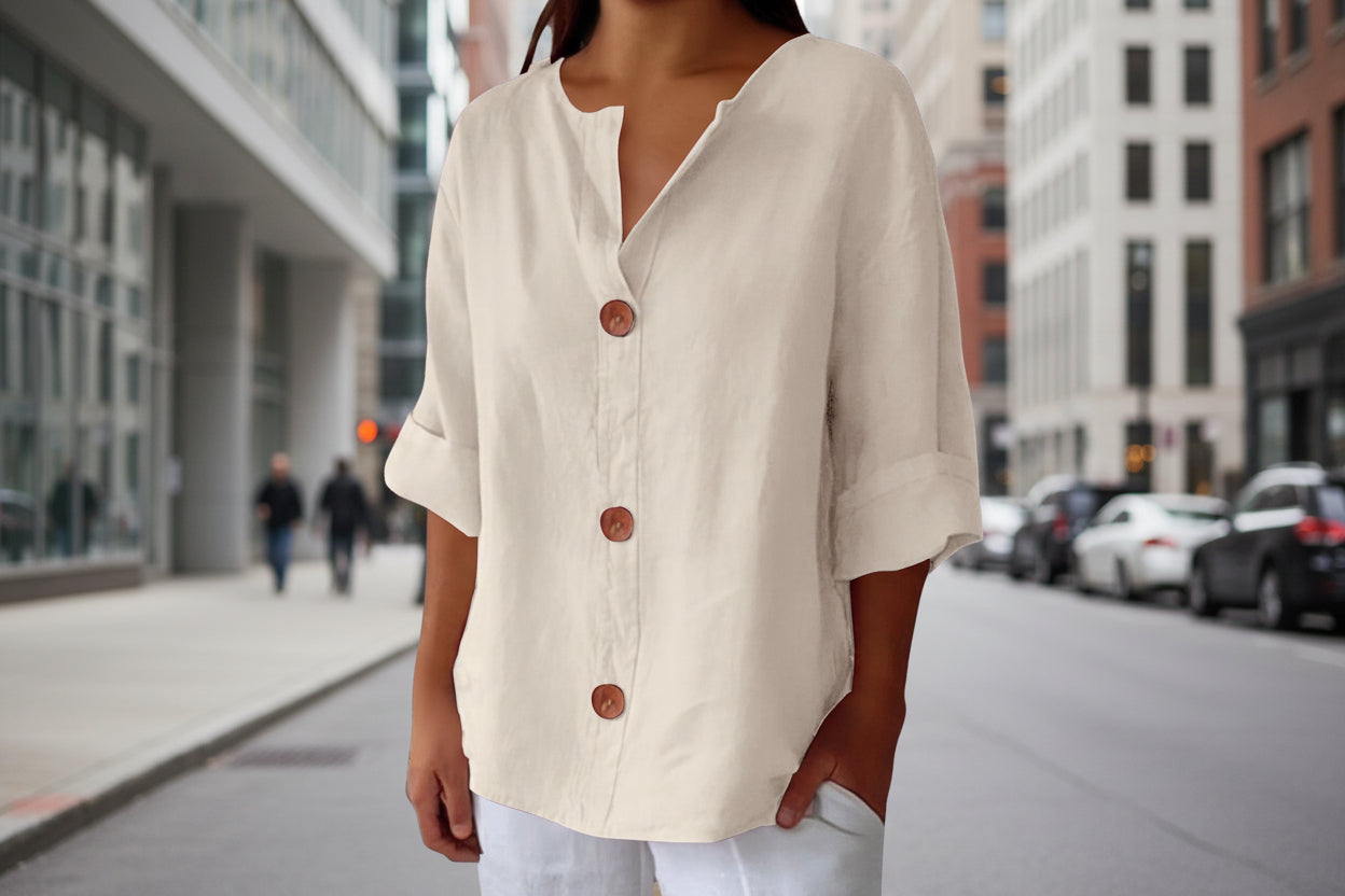 Women’s V-Neck Cotton Linen Buttoned Blouse