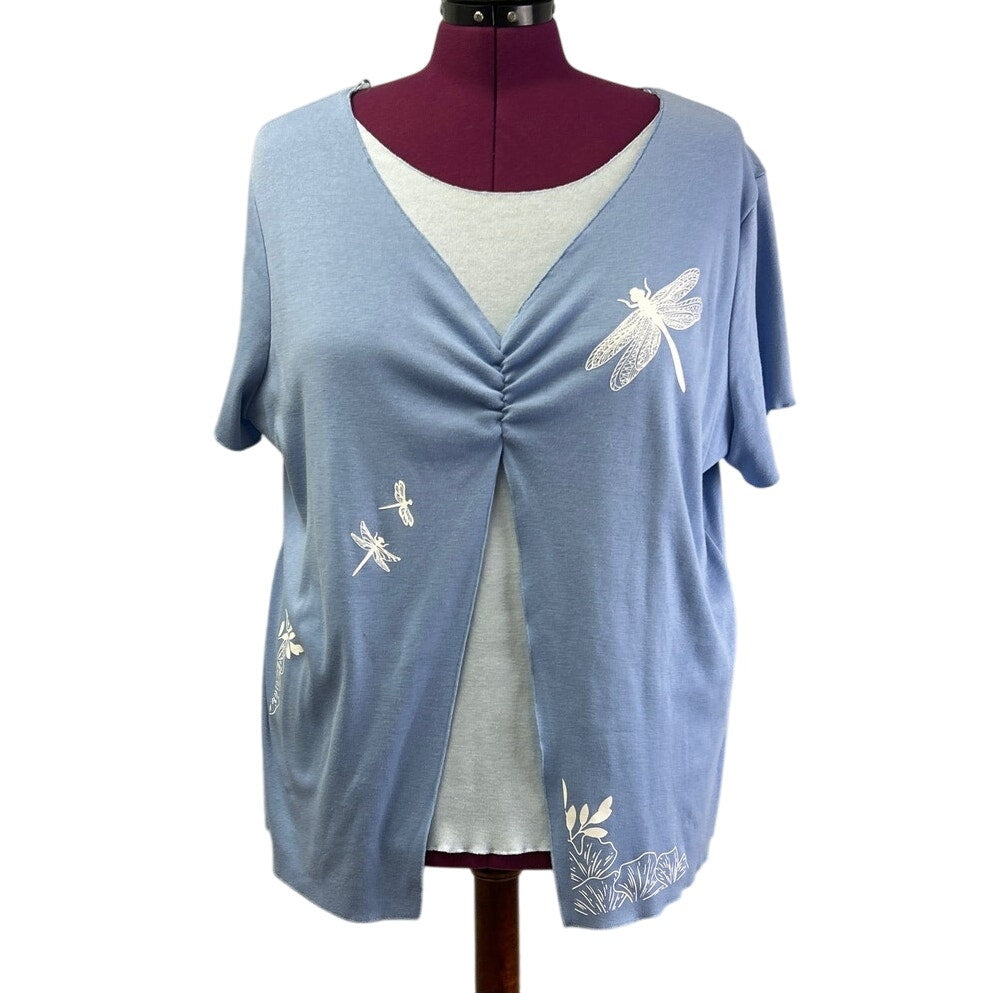 Hand Printed Upcycled Womens 26/28W Layer Look Dragonfly Short Sleeve Blouse Top