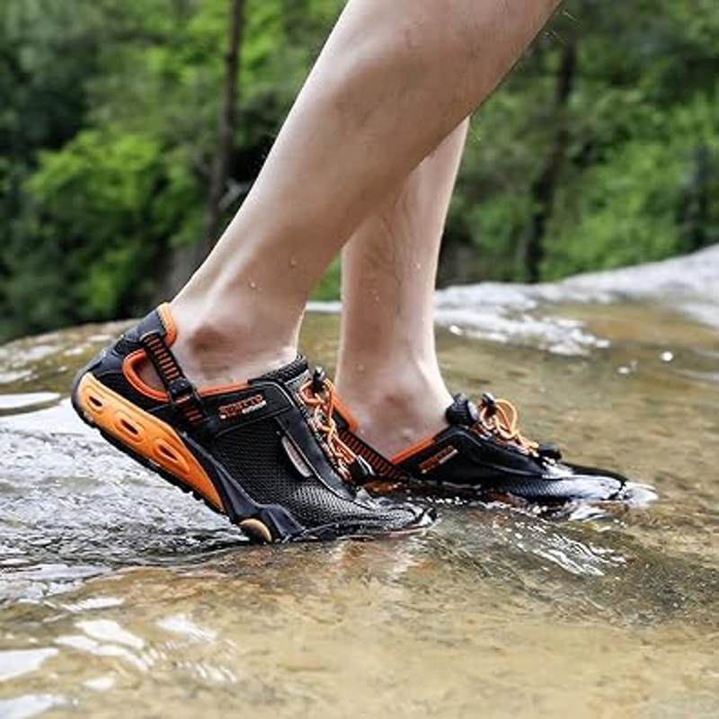 New Humtto Mens Size 9-9.5 Black Orange Amphibious Hiking Water Sandlas Shoes