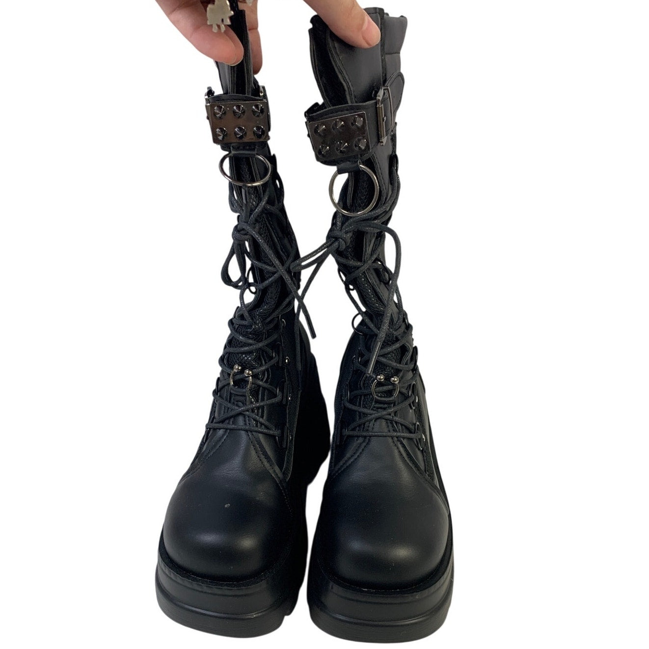 Tscoyuki Women Size 7 Black 3.5" Platform Lace Up Goth Wedge Mid Calf Boot Shoes
