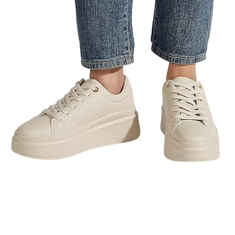 Lucky Step Womens Size 8.5 Beige Faux Leather 2" Platform Lace Up Sneaker Shoes