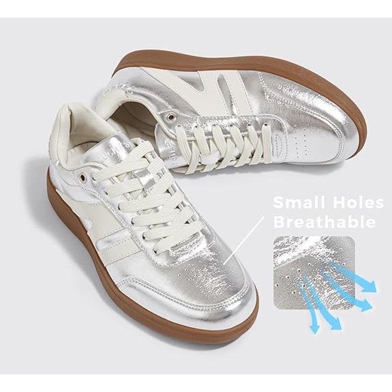 New Lucky Step Womens 8 Silver Lace Up Classic Retro Gum Sole Fashion Sneakers
