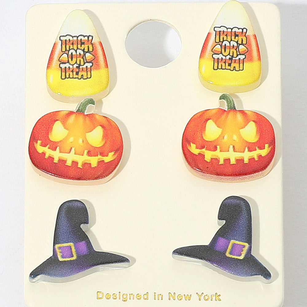 3Pairs - Halloween Candy Corn Pumpkin Witch Hat Stud Earring Set
