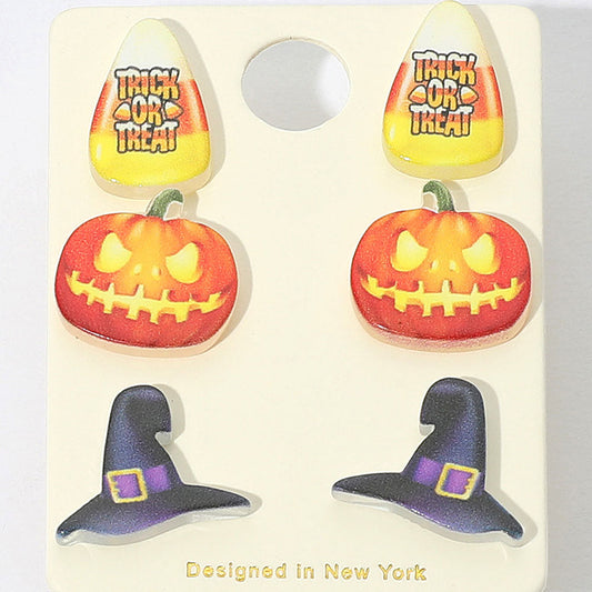 3Pairs - Halloween Candy Corn Pumpkin Witch Hat Stud Earring Set