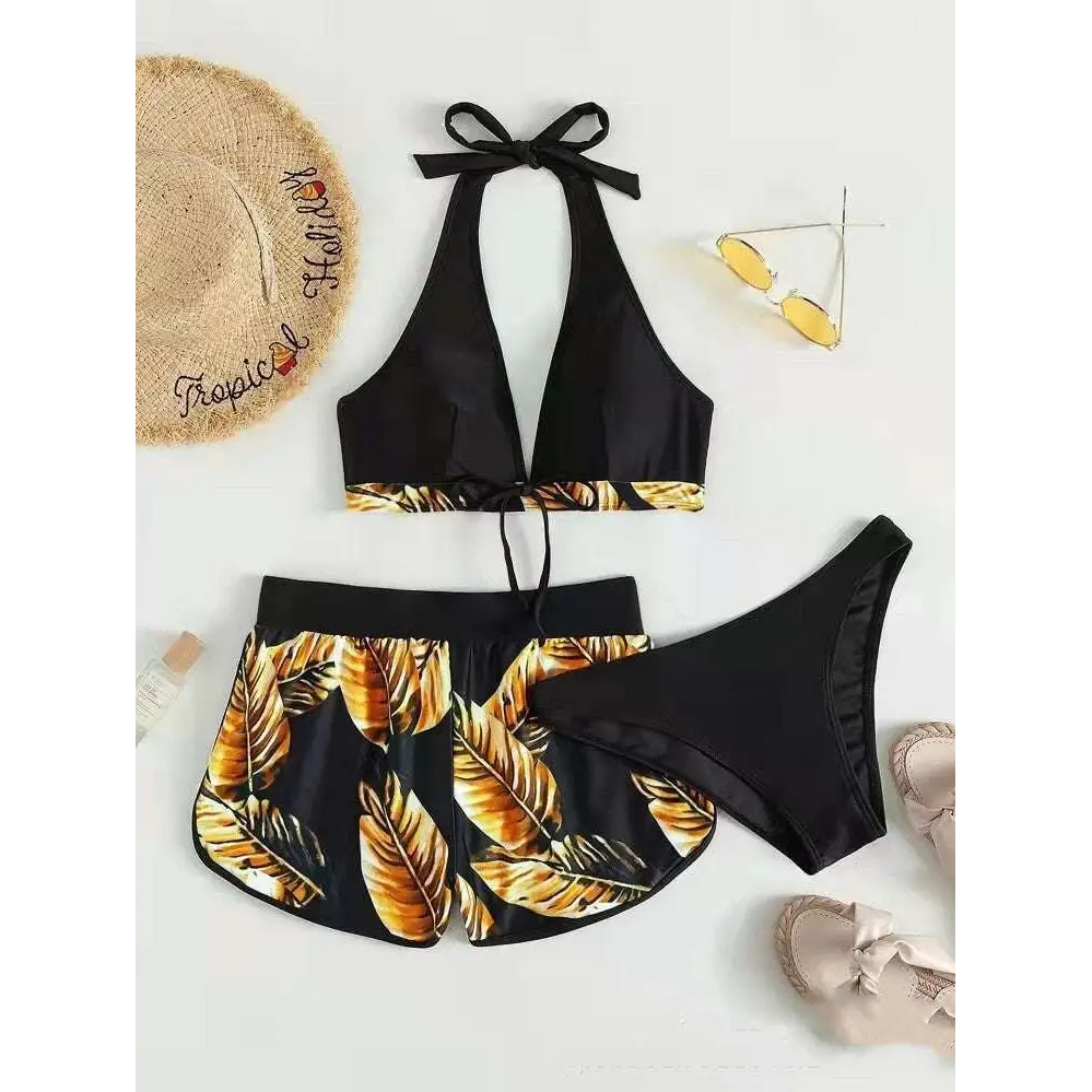3pcs Leaf Print Bikini with Shorts Fashion Summer