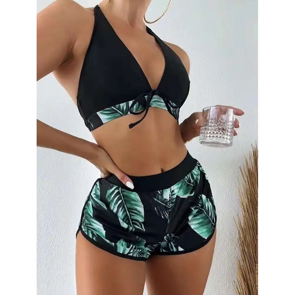 3pcs Leaf Print Bikini with Shorts Fashion Summer