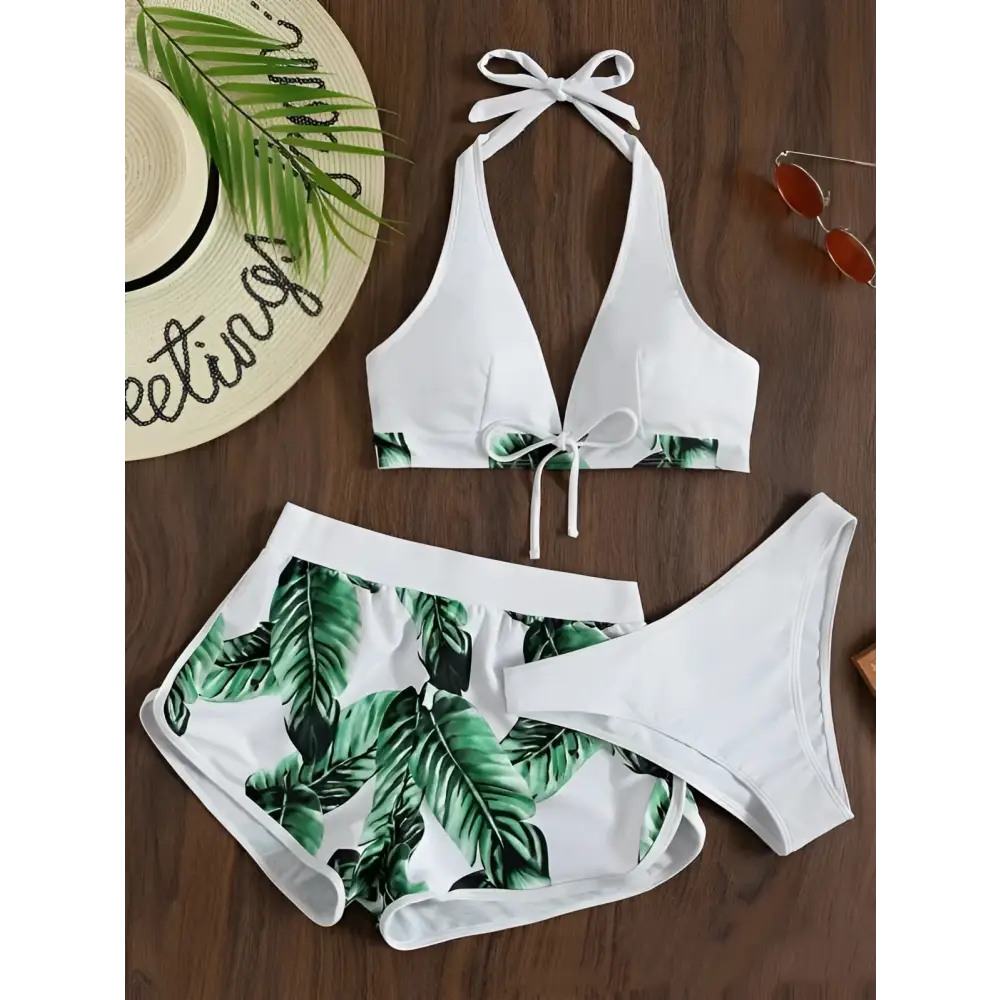 3pcs Leaf Print Bikini with Shorts Fashion Summer