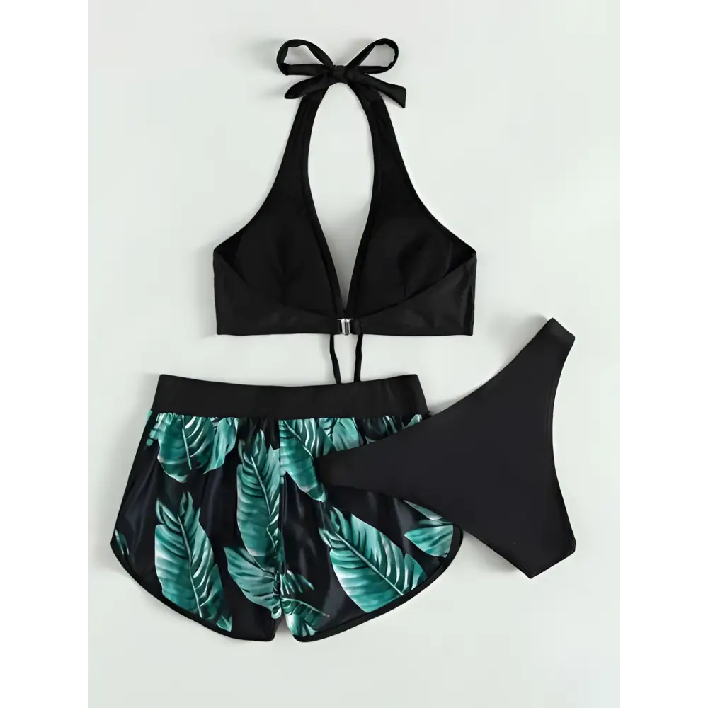 3pcs Leaf Print Bikini with Shorts Fashion Summer