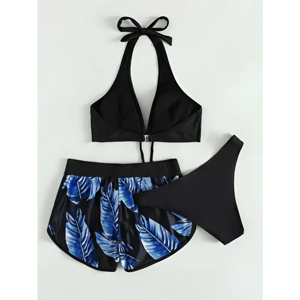 3pcs Leaf Print Bikini with Shorts Fashion Summer
