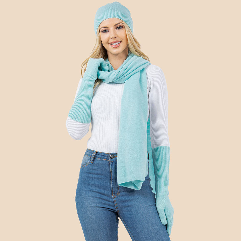 3PCS - Solid Winter Beanie Hat Scarf Gloves Set