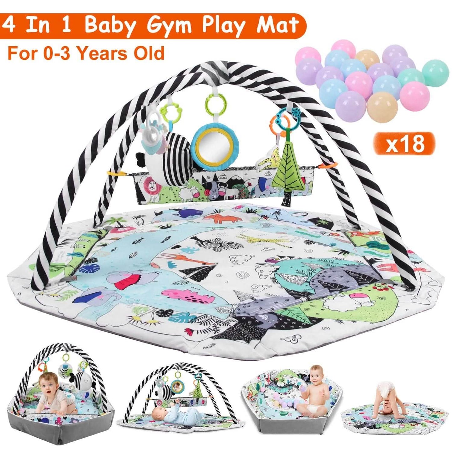 4-in-1 Baby Gym Play Mat Ball Pit with Pillow 18 Balls 9 Toys for 0-3 Years Old