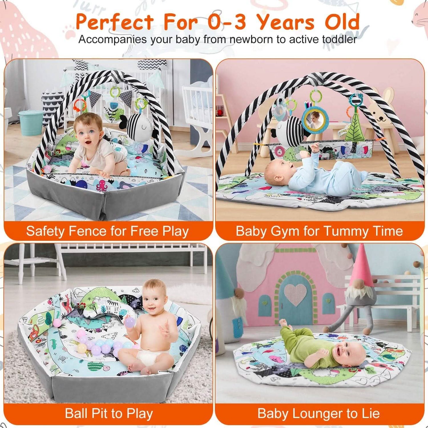 4-in-1 Baby Gym Play Mat Ball Pit with Pillow 18 Balls 9 Toys for 0-3 Years Old