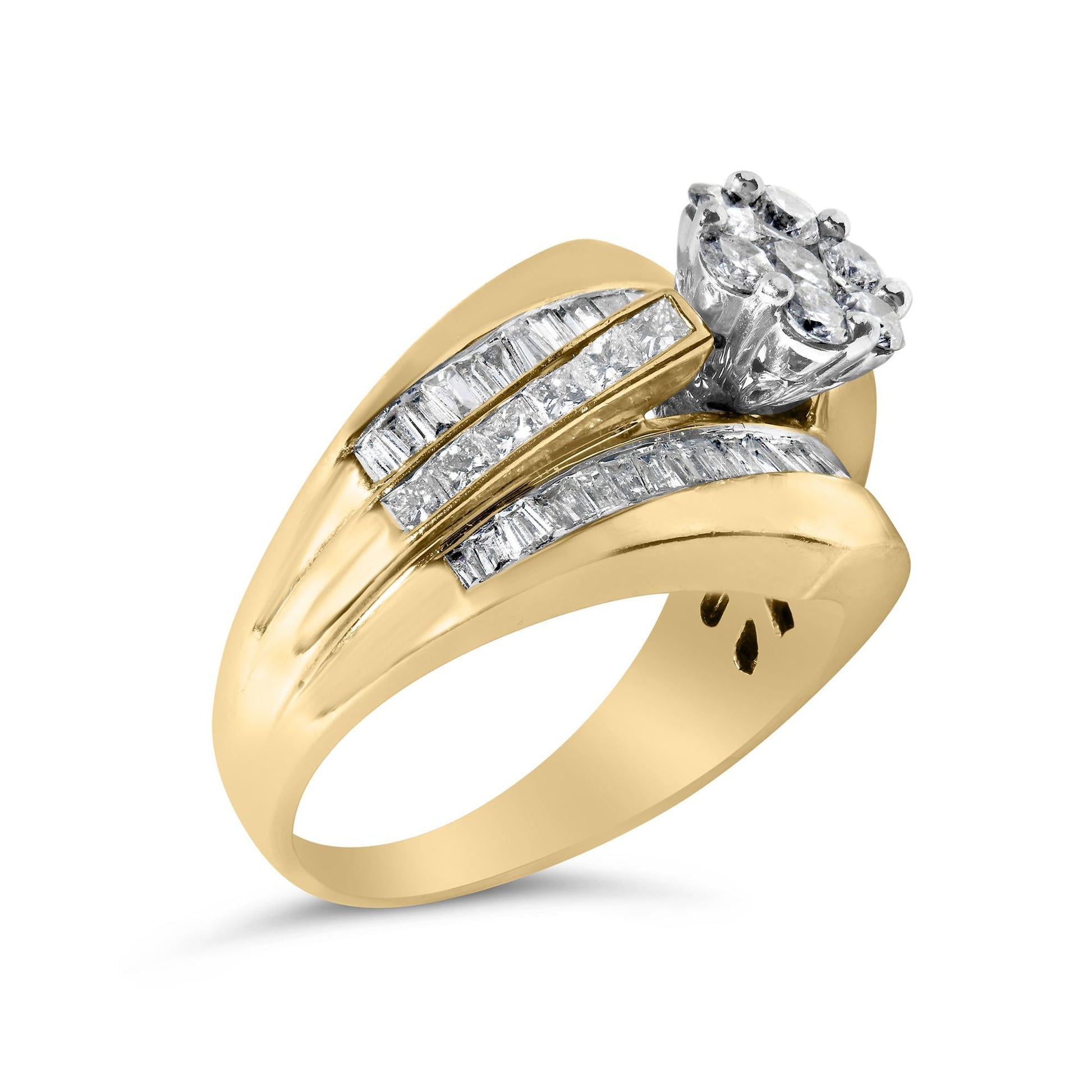 14K Yellow Gold 2-1/3 Cttw Diamond Cluster Channel Set Chevron Shaped Engagement Ring-3