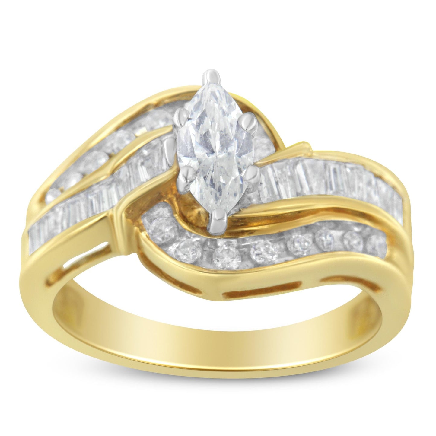 14KT Two-Toned Gold Marquise, Baguette and Round Cut Diamond Bypass Ring (1 cttw, H-I Color, SI1-SI2 Clarity) ()-3