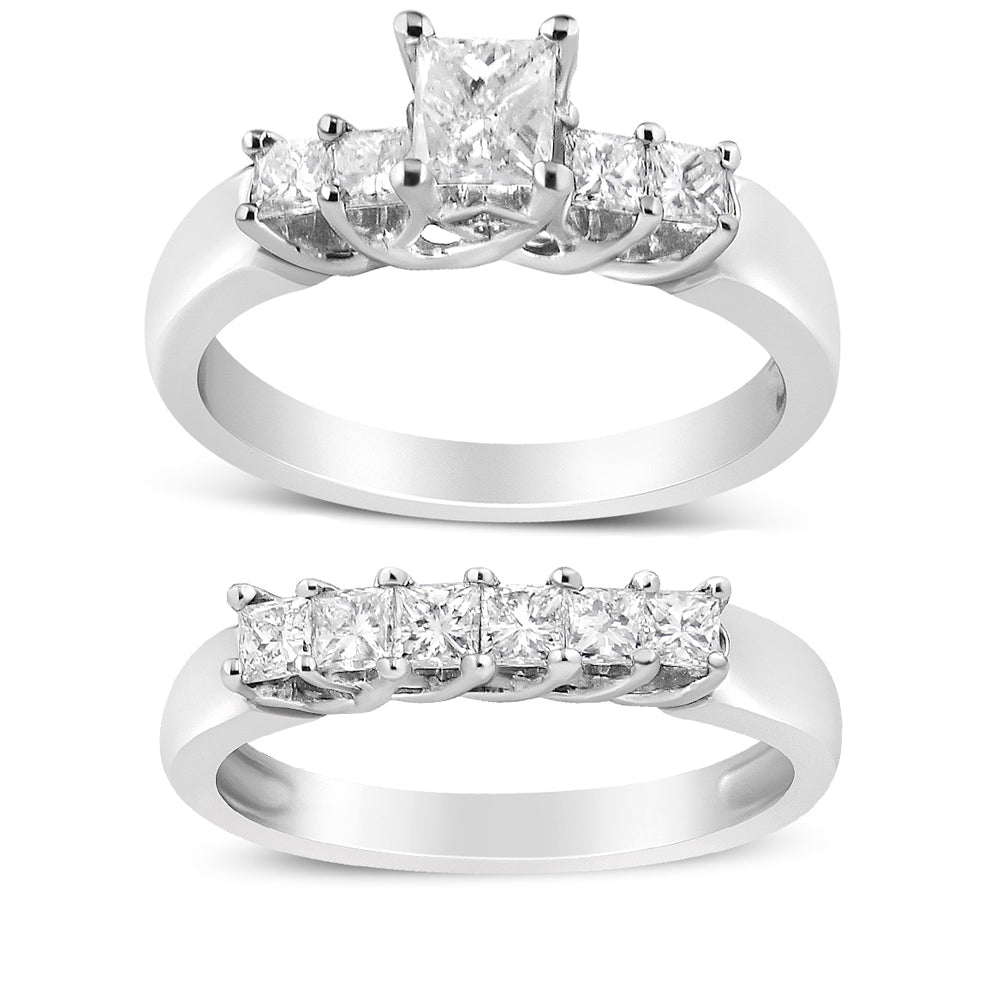 14K White Gold 1 1/2 Cttw 5 Stone Princess Diamond Engagement Wedding Ring Set (H-I Color, SI2-I1 Clarity)-1
