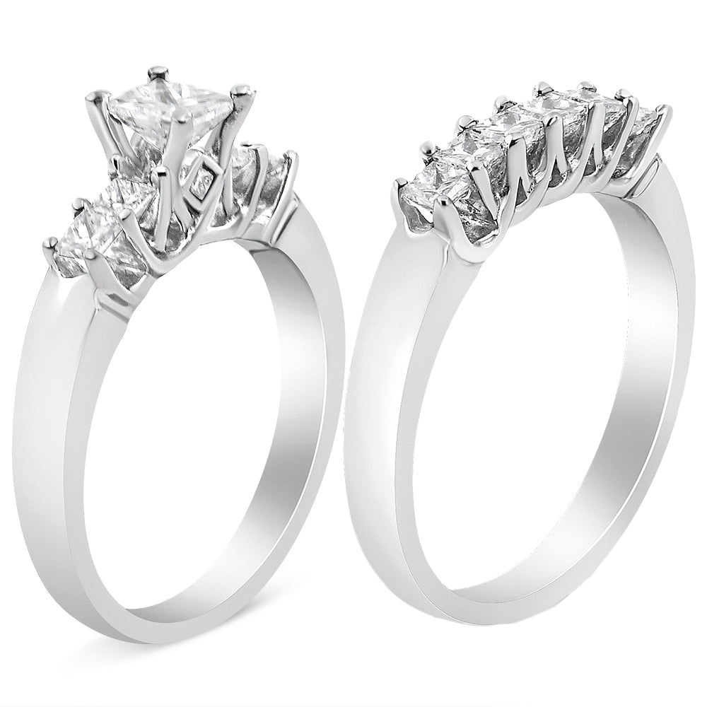 14K White Gold 1 1/2 Cttw 5 Stone Princess Diamond Engagement Wedding Ring Set (H-I Color, SI2-I1 Clarity)-3