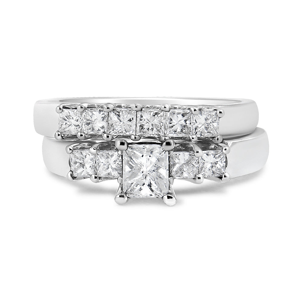 14K White Gold 1 1/2 Cttw 5 Stone Princess Diamond Engagement Wedding Ring Set (H-I Color, SI2-I1 Clarity)-4