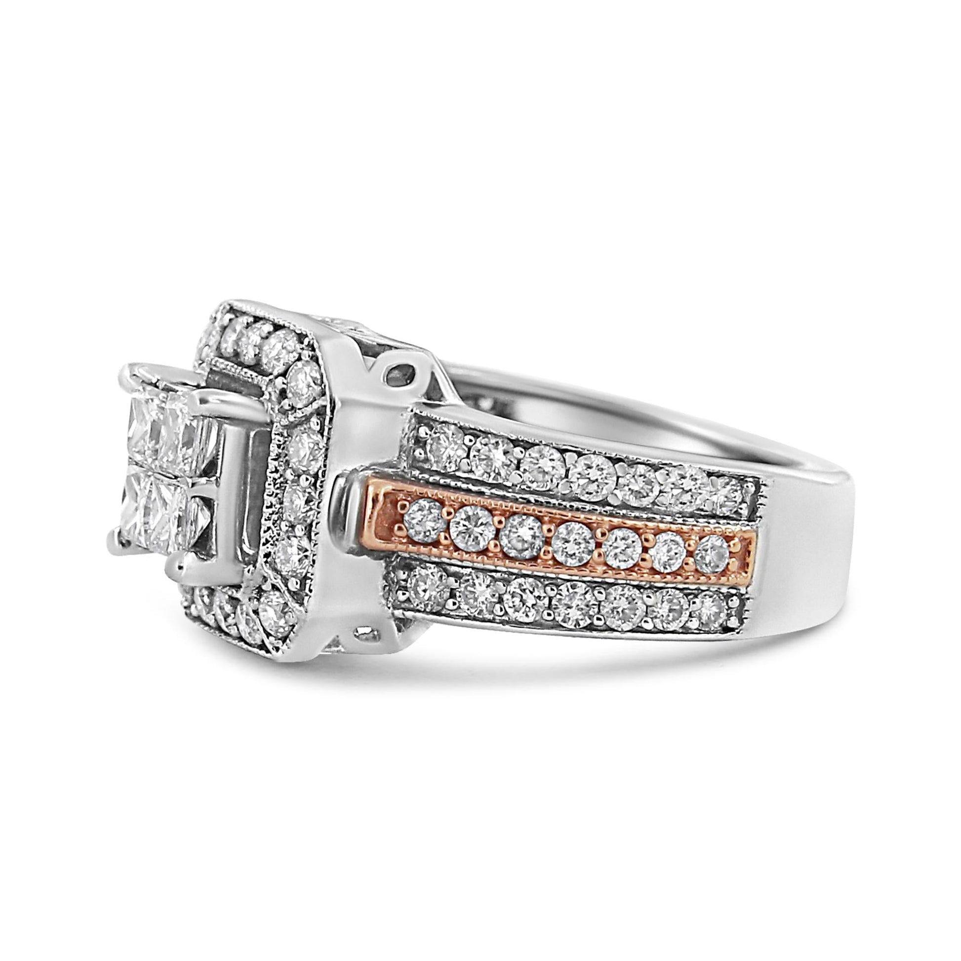 14K White and Rose Gold 1 1/8 Cttw Princess and Round-Cut Diamond Art Deco Style Triple Shank Halo Cocktail Ring (I-J Color, SI2-I1 Clarity)-3