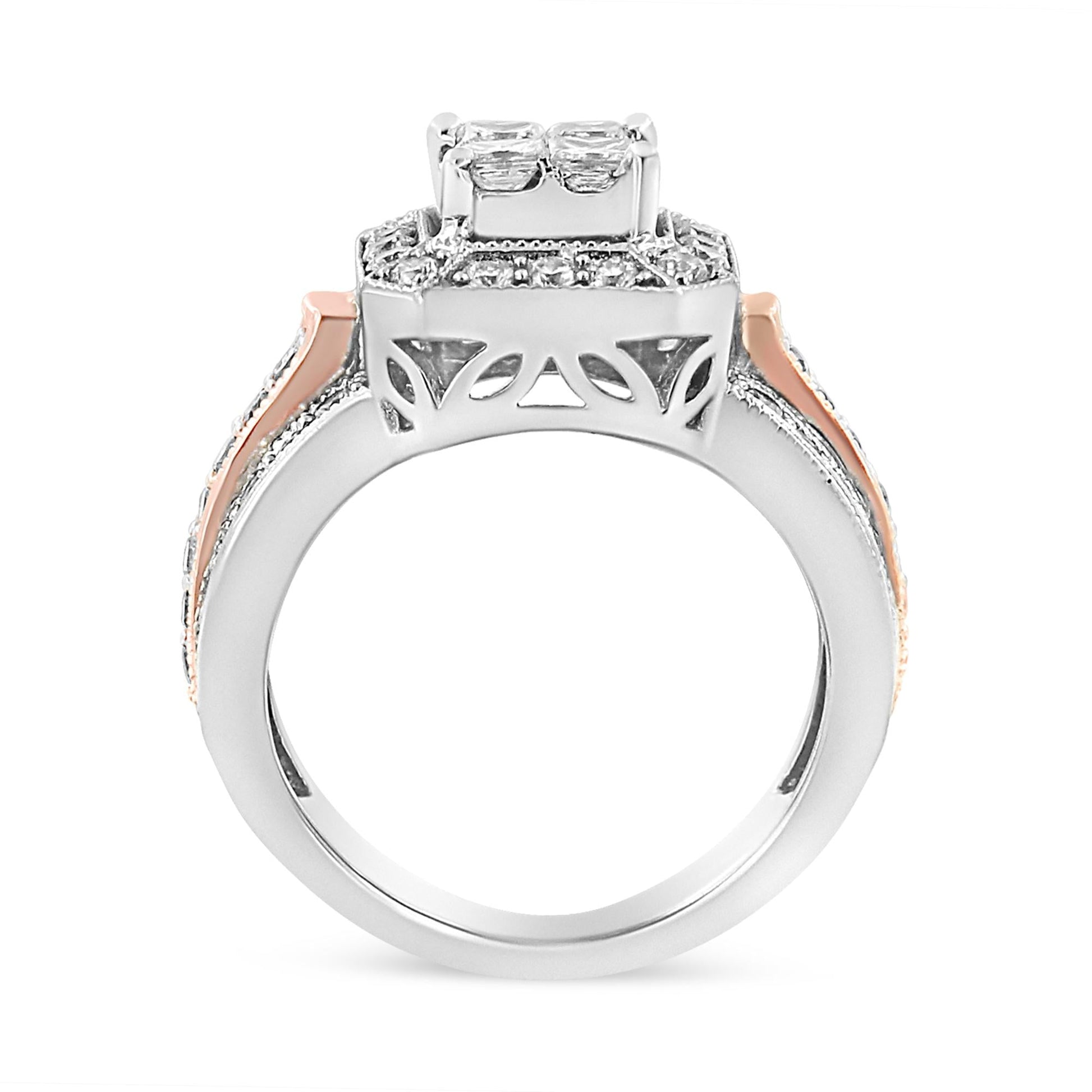 14K White and Rose Gold 1 1/8 Cttw Princess and Round-Cut Diamond Art Deco Style Triple Shank Halo Cocktail Ring (I-J Color, SI2-I1 Clarity)-4