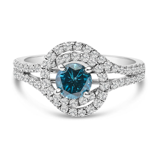 14K White Gold 1-1/3 Cttw White & Blue Diamond Interweaving Double Halo Cocktail Statement Ring (G-H and Fancy Blue Color, SI2-I1 Clarity)-0