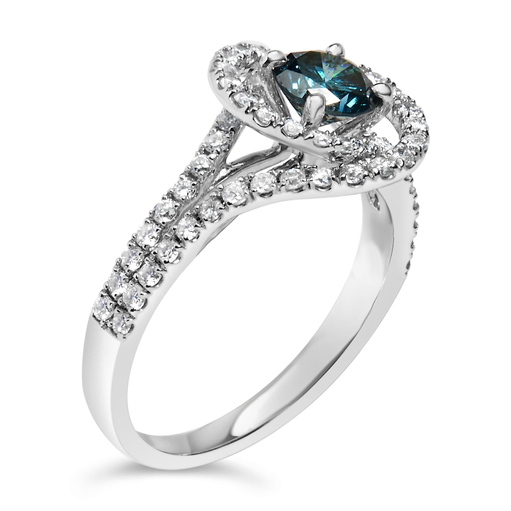 14K White Gold 1-1/3 Cttw White & Blue Diamond Interweaving Double Halo Cocktail Statement Ring (G-H and Fancy Blue Color, SI2-I1 Clarity)-3