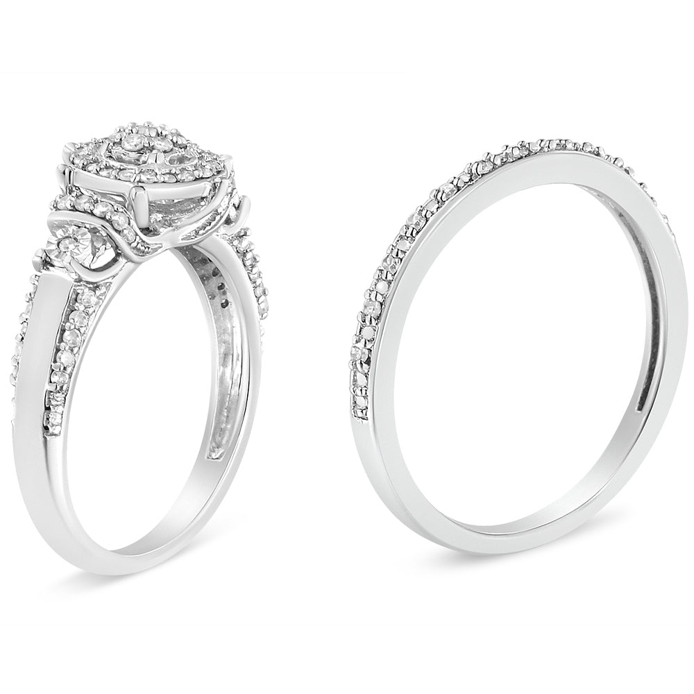 .925 Sterling Silver 1/3 Cttw Diamond 7 Stone Cluster and Halo Engagement Ring and Wedding Band Set (I-J Color, I1-I2 Clarity)-4