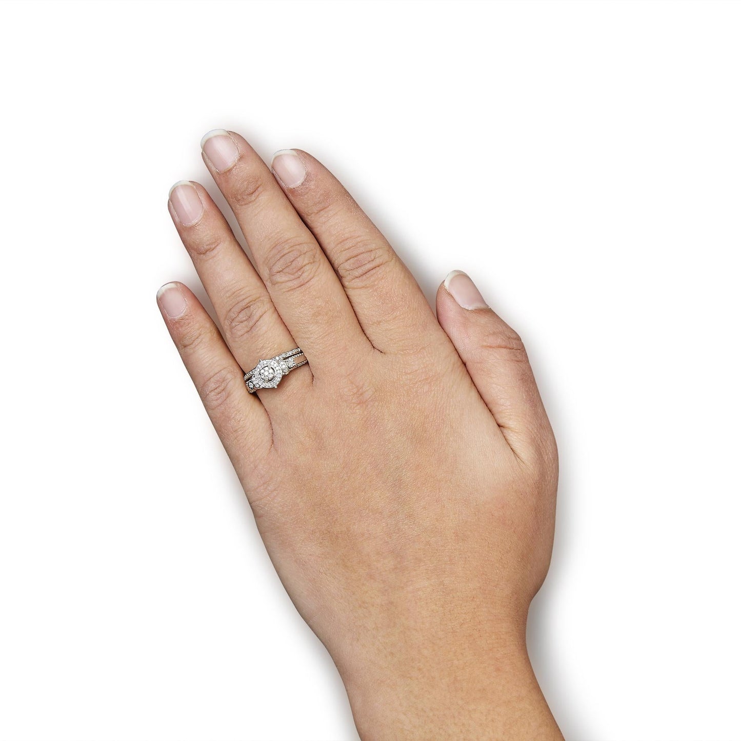 .925 Sterling Silver 1/3 Cttw Diamond 7 Stone Cluster and Halo Engagement Ring and Wedding Band Set (I-J Color, I1-I2 Clarity)-2