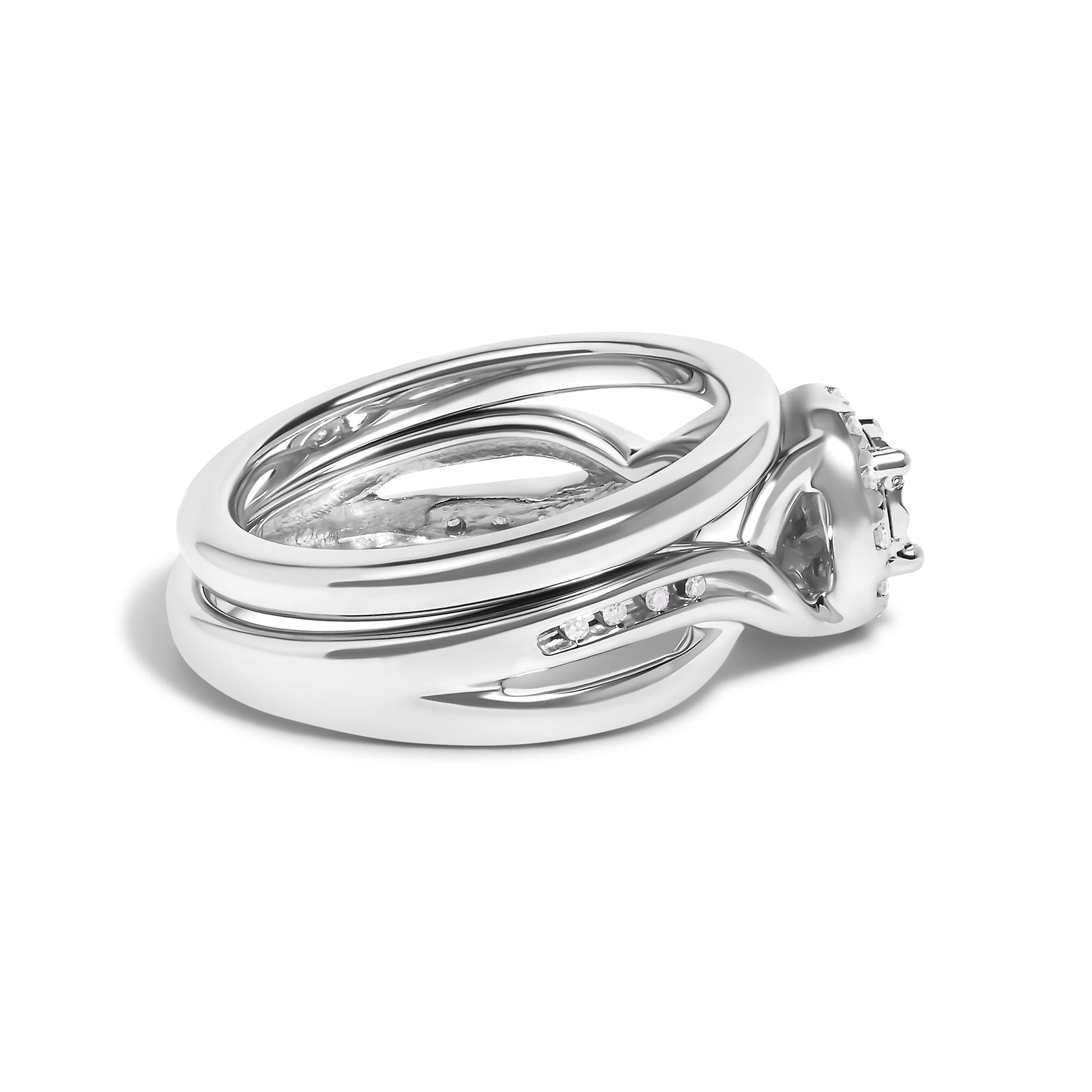 .925 Sterling Silver 1/7 Cttw Diamond Halo Bypass Engagement Ring and Wedding Band Set (I-J Color, I3 Clarity)-1