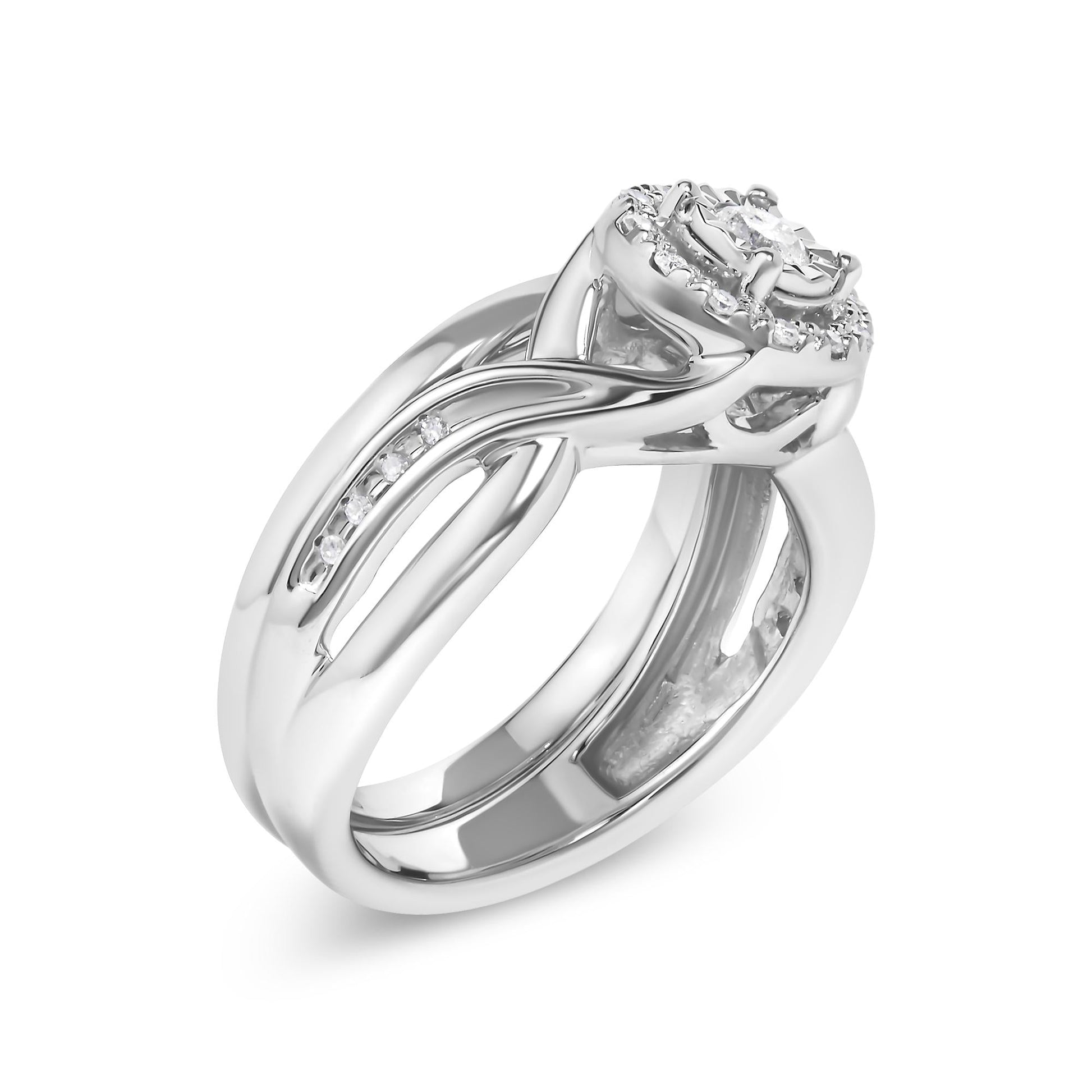 .925 Sterling Silver 1/7 Cttw Diamond Halo Bypass Engagement Ring and Wedding Band Set (I-J Color, I3 Clarity)-3
