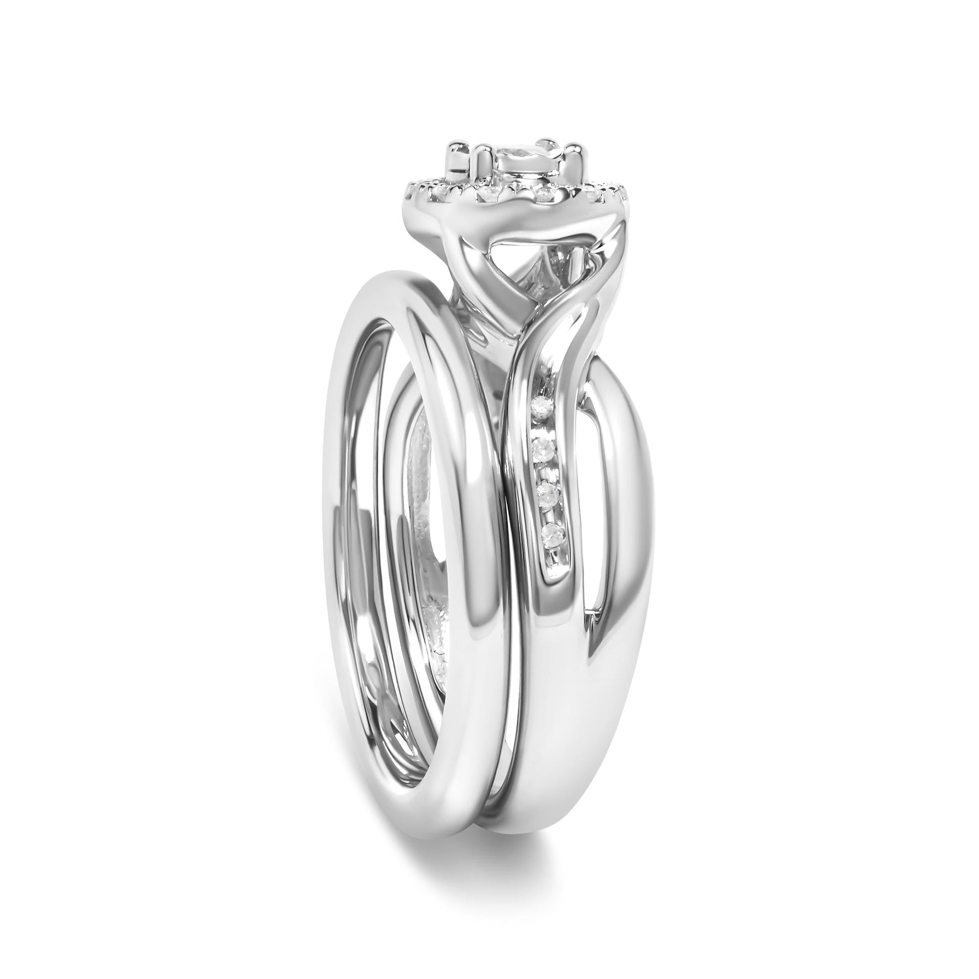 .925 Sterling Silver 1/7 Cttw Diamond Halo Bypass Engagement Ring and Wedding Band Set (I-J Color, I3 Clarity)-4