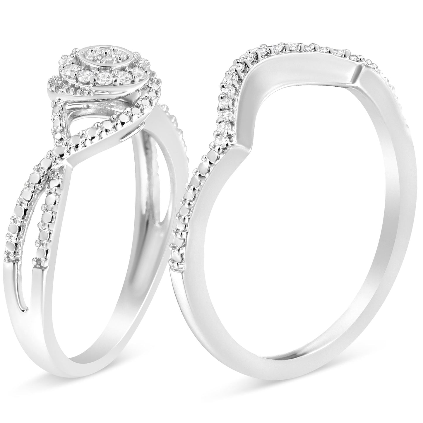 .925 Sterling Silver 1/6 Cttw Diamond Composite Halo and Split Shank Bridal Set Ring and Band  (I-J Color, I3 Clarity)-3