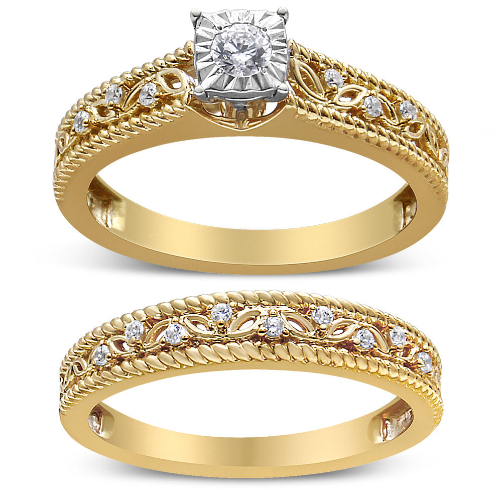 14K Yellow Gold Plated .925 Sterling Silver 1/5 Cttw Diamond Art Deco Style Engagement Ring Bridal Set (I-J Color, I3 Clarity)-0