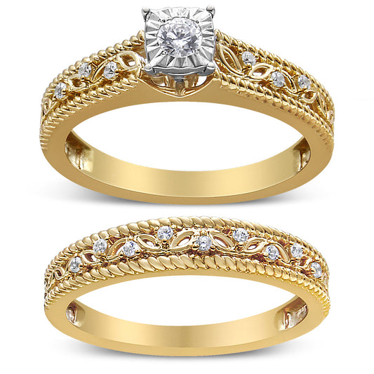 14K Yellow Gold Plated .925 Sterling Silver 1/5 Cttw Diamond Art Deco Style Engagement Ring Bridal Set (I-J Color, I3 Clarity)-0