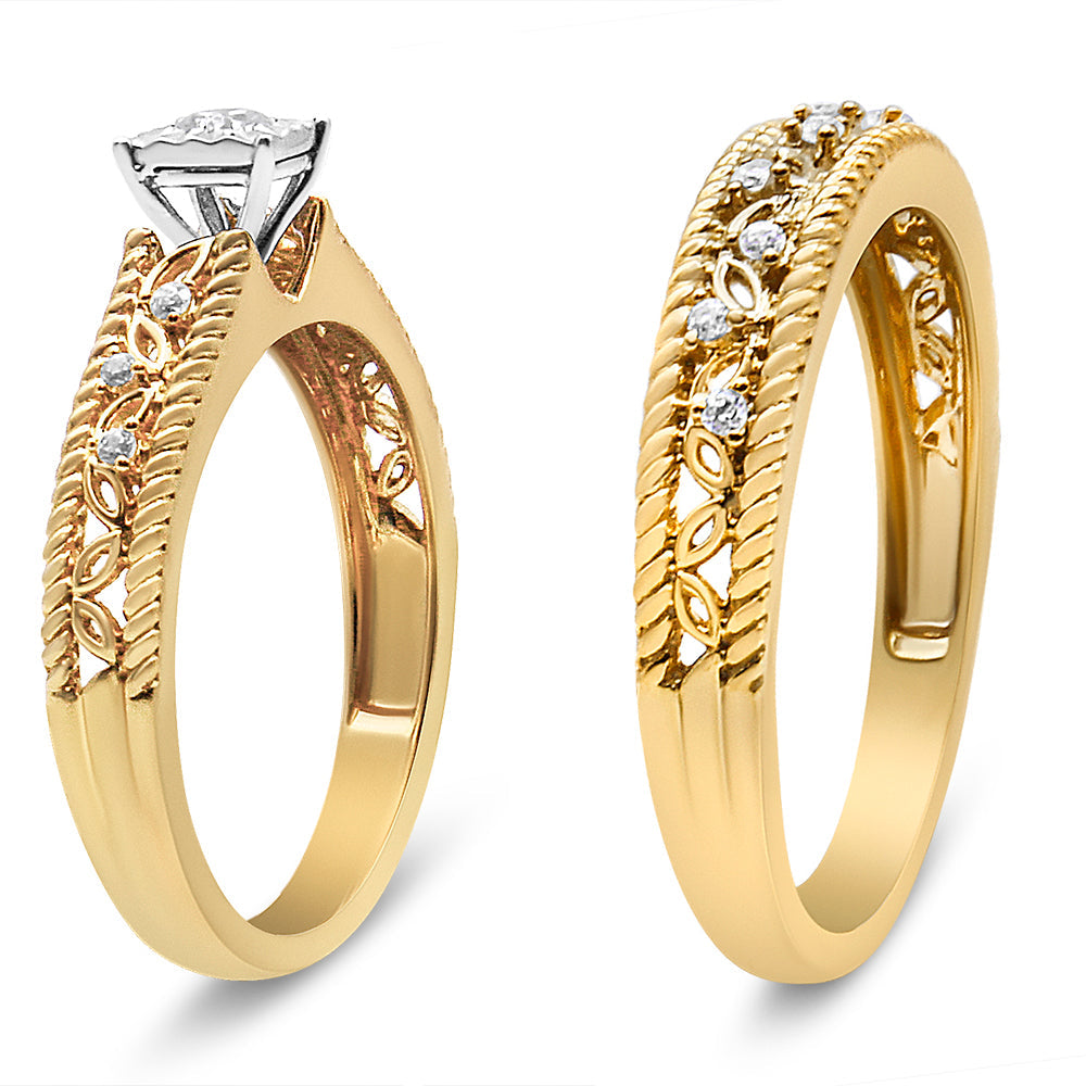 14K Yellow Gold Plated .925 Sterling Silver 1/5 Cttw Diamond Art Deco Style Engagement Ring Bridal Set (I-J Color, I3 Clarity)-4