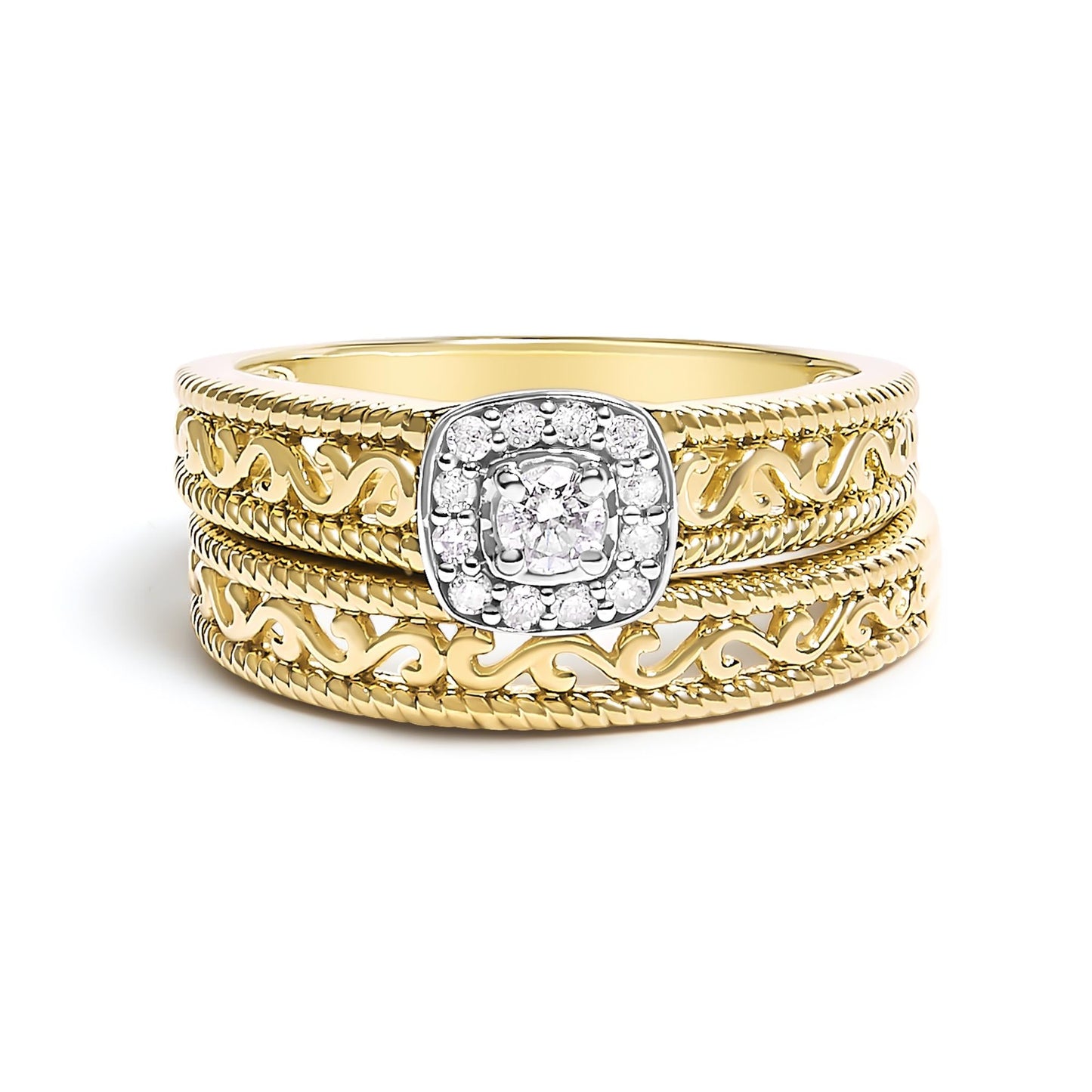 14K Yellow Gold Plated .925 Sterling Silver 1/5 Cttw Diamond Halo and Milgrain Finish Engagement Ring Bridal Set (I-J Color I3 Clarity)-0