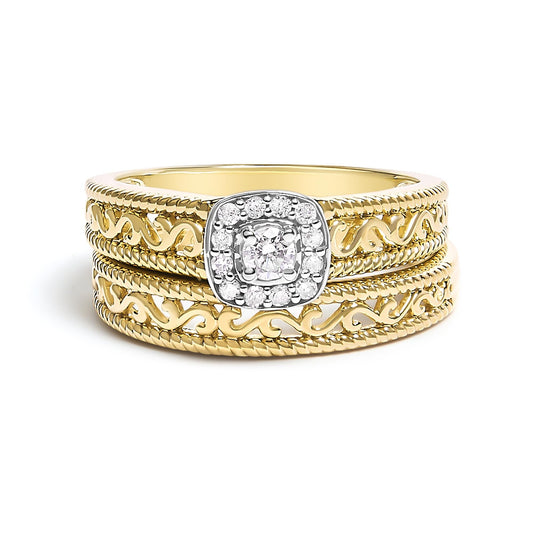 14K Yellow Gold Plated .925 Sterling Silver 1/5 Cttw Diamond Halo and Milgrain Finish Engagement Ring Bridal Set (I-J Color I3 Clarity)-0