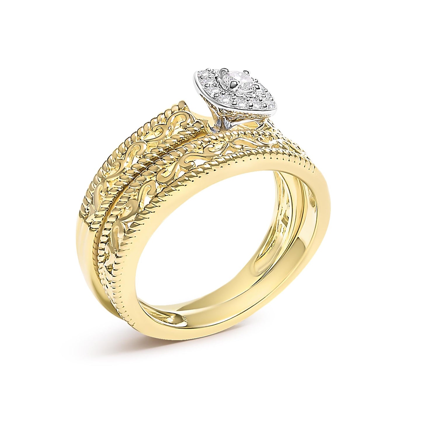 14K Yellow Gold Plated .925 Sterling Silver 1/5 Cttw Diamond Halo and Milgrain Finish Engagement Ring Bridal Set (I-J Color I3 Clarity)-3