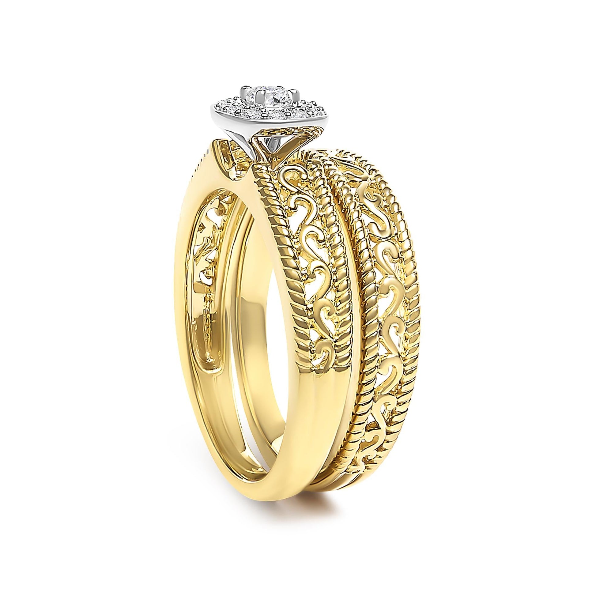 14K Yellow Gold Plated .925 Sterling Silver 1/5 Cttw Diamond Halo and Milgrain Finish Engagement Ring Bridal Set (I-J Color I3 Clarity)-4