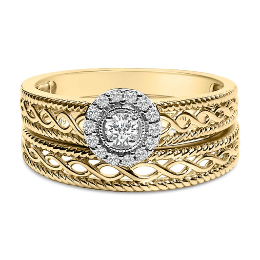 14K Yellow Gold Plated .925 Sterling Silver 1/5 Cttw Diamond Halo Engagement Ring and Wedding Band Set (I-J Color, I3 Clarity)-0